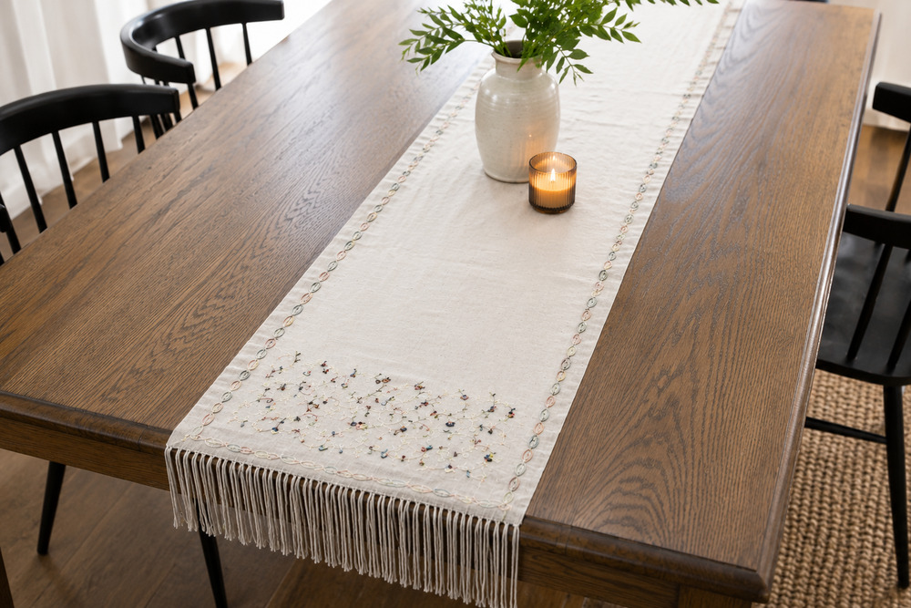 Vintage Cottagecore Embroidered Table Runner Fringe Romantic Whimsical 70x22